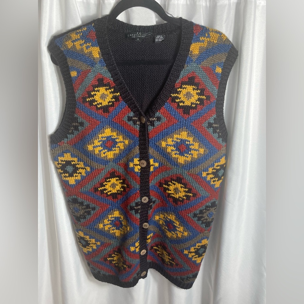 Carole Little Knitwear Vintage Size L Multicolor Patterned Men's Sweater Vest